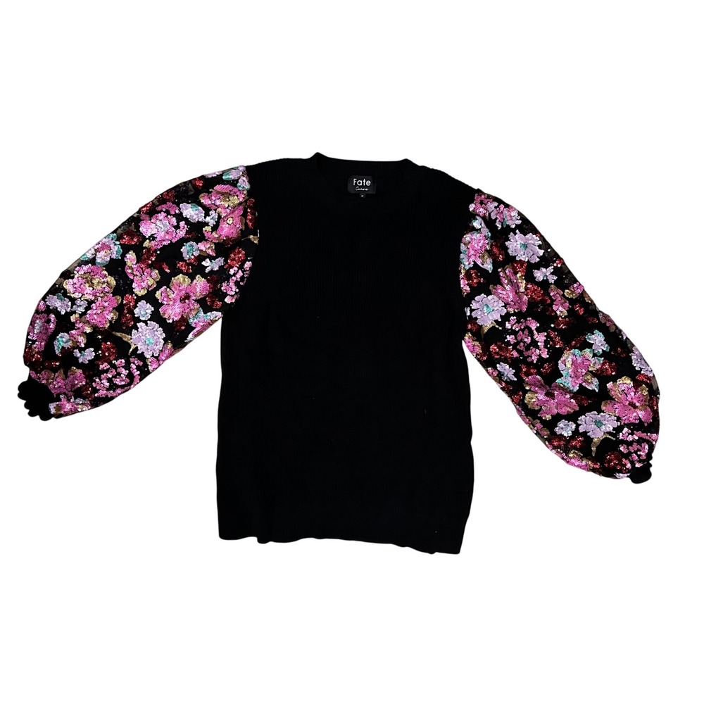 Fate Curve Knit Sweater Size 1X Sequin Balloon Sleeves Black Ribbed Pink Red